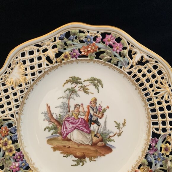 Helena Wolfsohn Reticulated Plate 8.5" Watteau Couple Scene Dresden Germany 7 - Picture 3 of 7